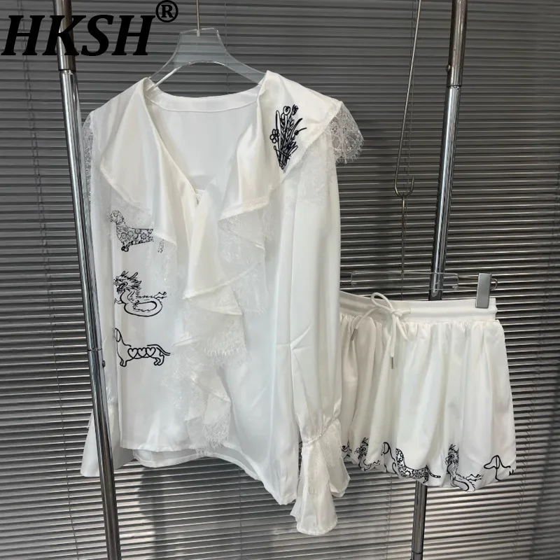 

HKSH Summer New Women Chic High Street Printed Long Sleeved Ruffles Spliced Lace Shirt Tops Drawstring Pleated Mini Skirt HK7654