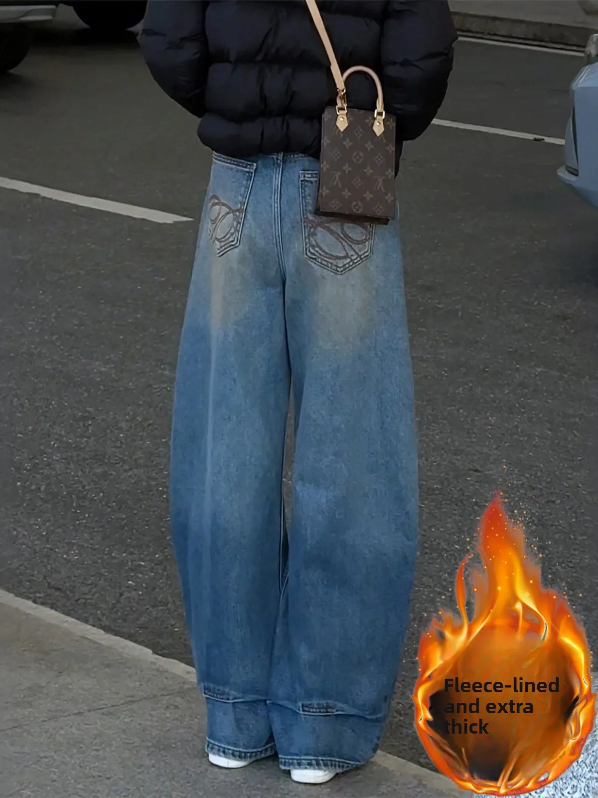 

Retro Blue Fce Lined Wide Leg Jeans Women's High Waist Drapey Loose Fit Spring New Sle Versatile Knife Denim