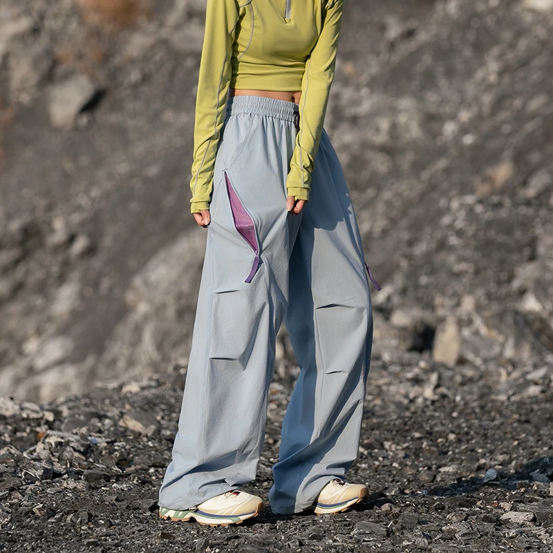 Women Outdoor Wide Leg Pants Elastic Drawstring Waist Quick Dry Lightweight Hiking Trousers Zipper Pockets Casual Pants