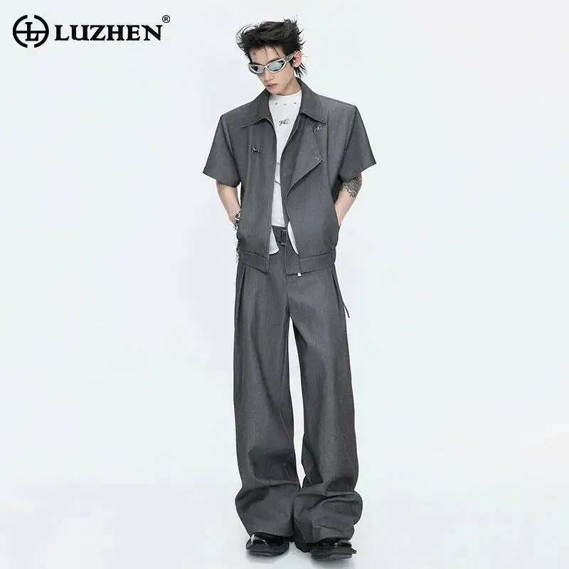 

LUZHEN 2026 Summer Metal Buckle Cross Placket Short Sleeve Shirt Men's Fashion Handsome Original Solid Color Casual Pants JY6531