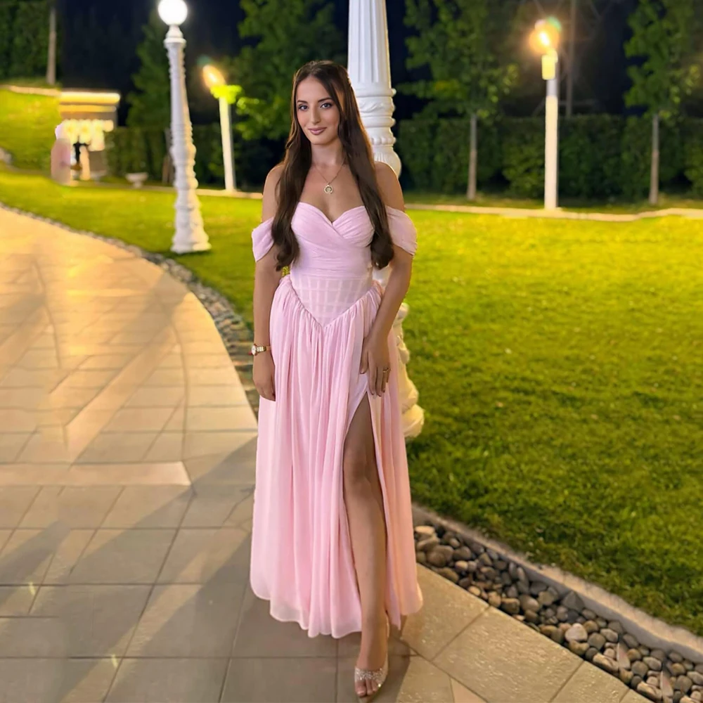 

Pink A-Line Split Prom Evening Dress Chiffon Pleats Party Dress Strapless Vestidos De Fiesta Floor Length Elegantes Customized
