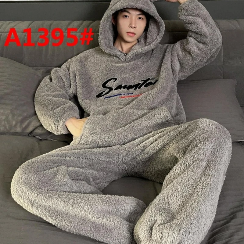 Pajamas Men\'s Winter Suit Coral Fleece Autumn and Winter Warm Flannel Simple Casual Men\'s Loungewear Comfortable and Simple