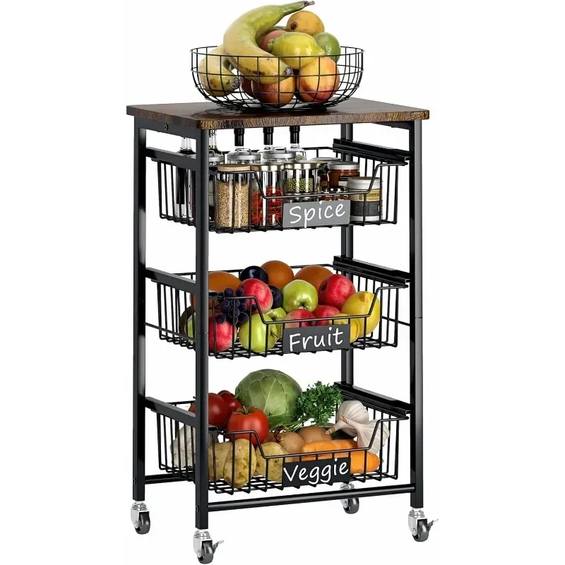 

l Fruit Basket, 5-Tier Utility Kitchen Organizer and Storage Cart with Pull-Out Baskets and Wood Top, Rolling