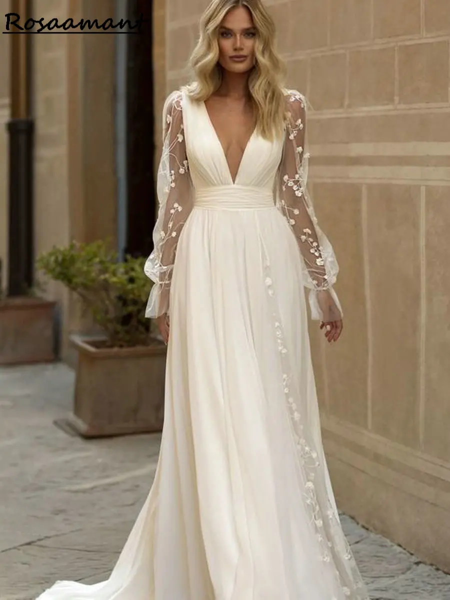 Vintage Chiffon V-Neck Open Back A-Line Wedding Dresses Long Sleeve Appliques Lace Pleat Customized Country Bridal Gowns