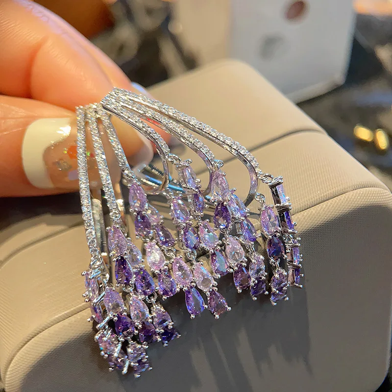 Luxury Full CZ Zircon Crystal Tassel Cuff Earrings Purple Waterdrop Hollow Dangle Jewelry 925 Needle for Women Party Wedding