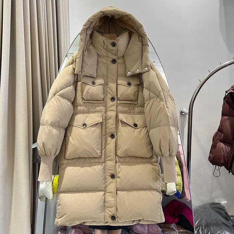 2025 inverno nova jaqueta feminina com capuz à prova de vento commuter manga de malha para baixo jaqueta