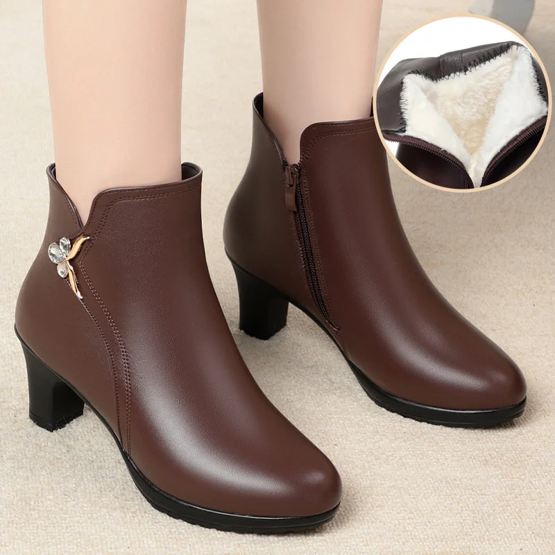 Autumn Winter New High-heeled Short Boots Women\'s Thick-heeled Ankle Boots High Heel Warm Cotton Plush Snow Boots