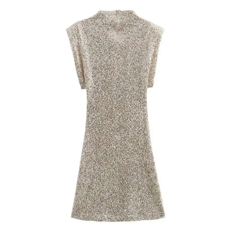 Glitter lantejoulas vestidos de festa moda feminina ombro almofada voar manga brilhante curto escondido zíper cintura alta mini vestido