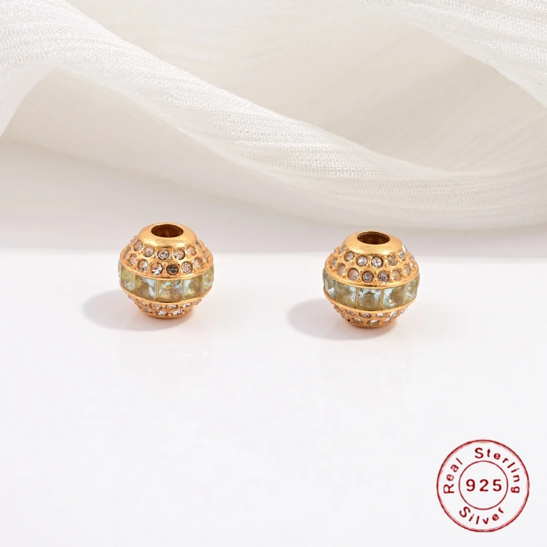 

S925 sterling silver inlaid zircon round loose beads for DIY handmade bracelet, necklace beading accessories SZ