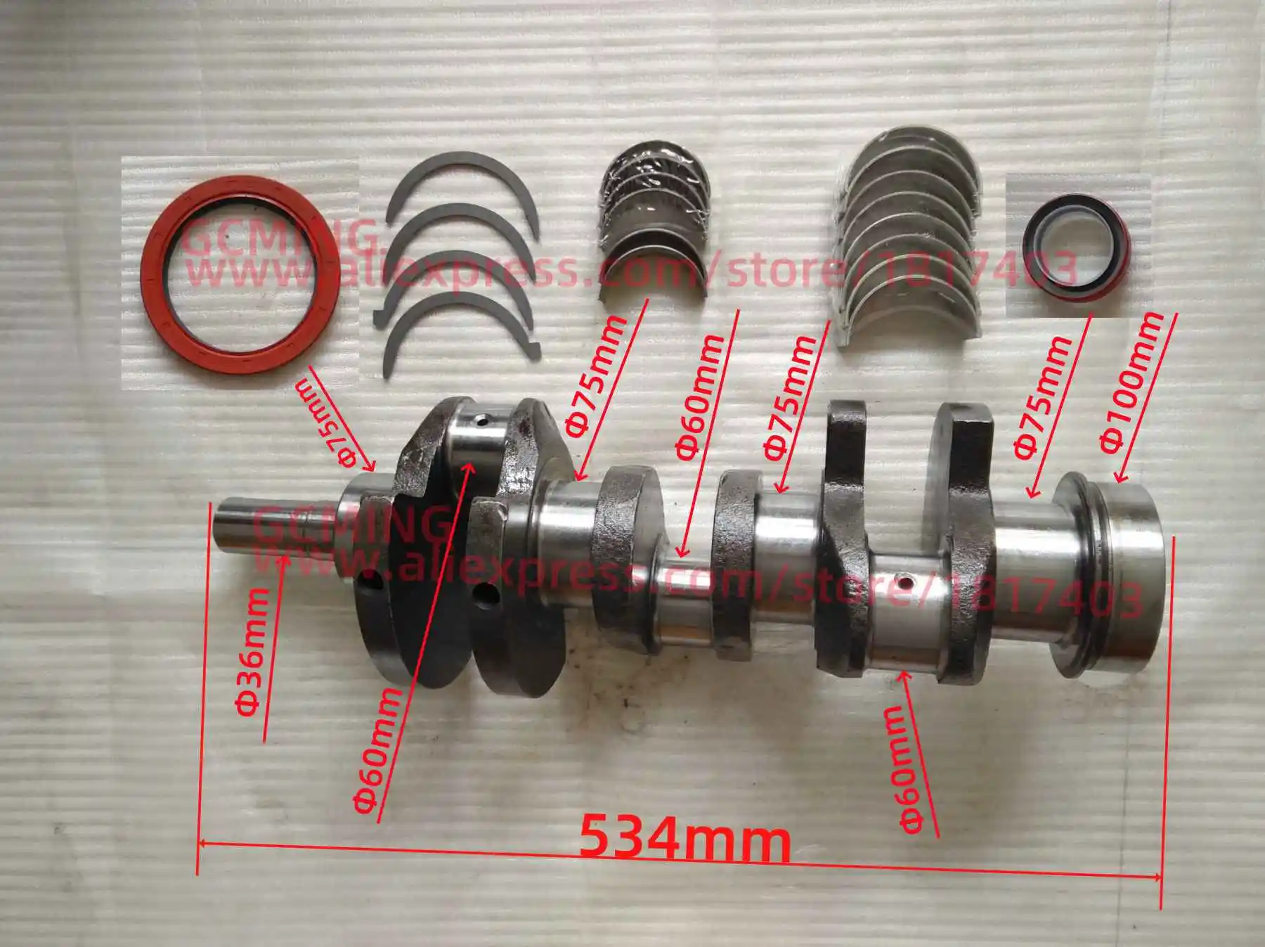 Jiangdong TY395I.4.2-4 Crankshaft (b type), main bearing, connecting rod bearing, thrust pieces, oil seals, TY395IT, TY3100IT