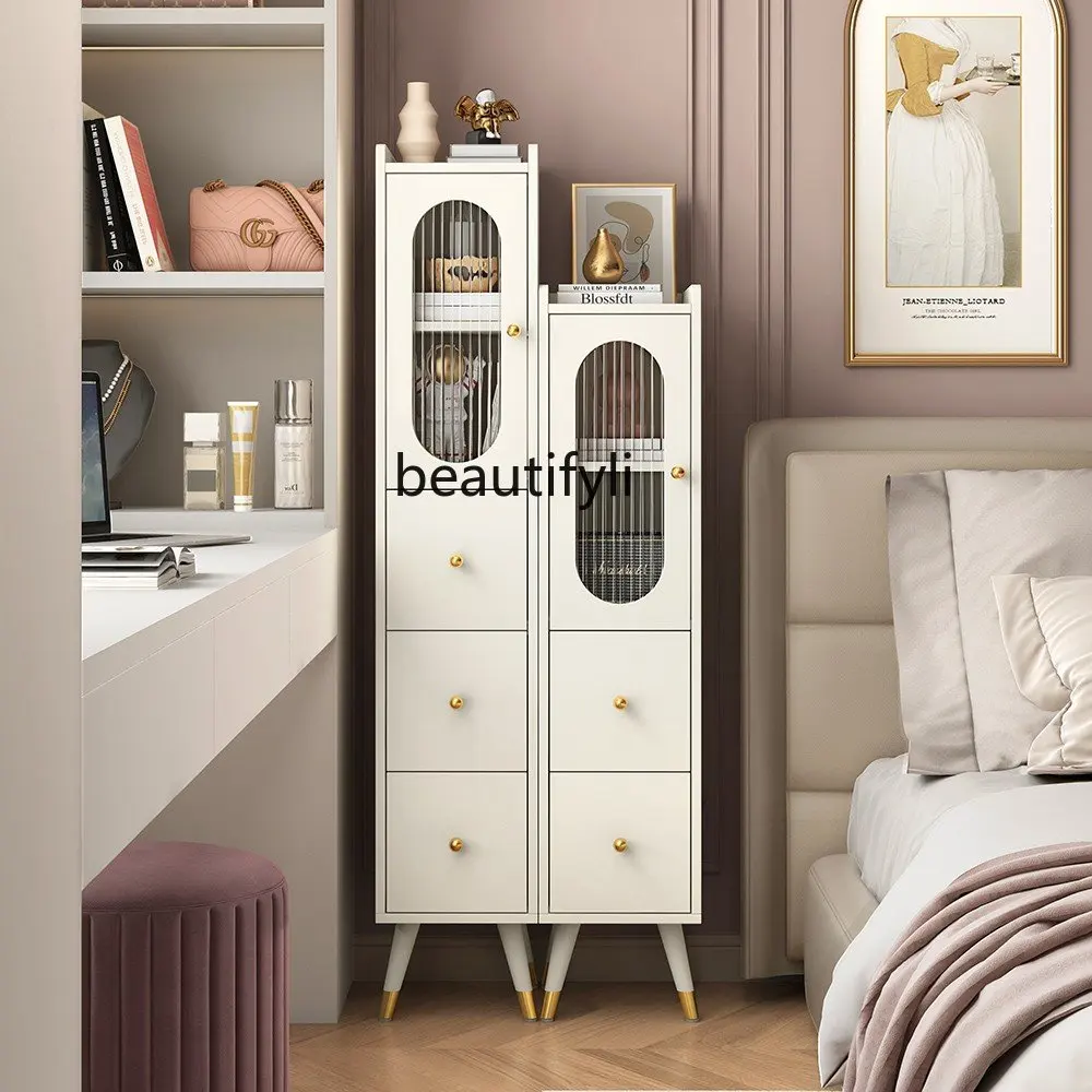 zqChest of Drawers Combination Cream Style Super Narrow Gap Chest of Drawer Bedroom Storage Cabinet Narrow Cabinet Side Cabinet