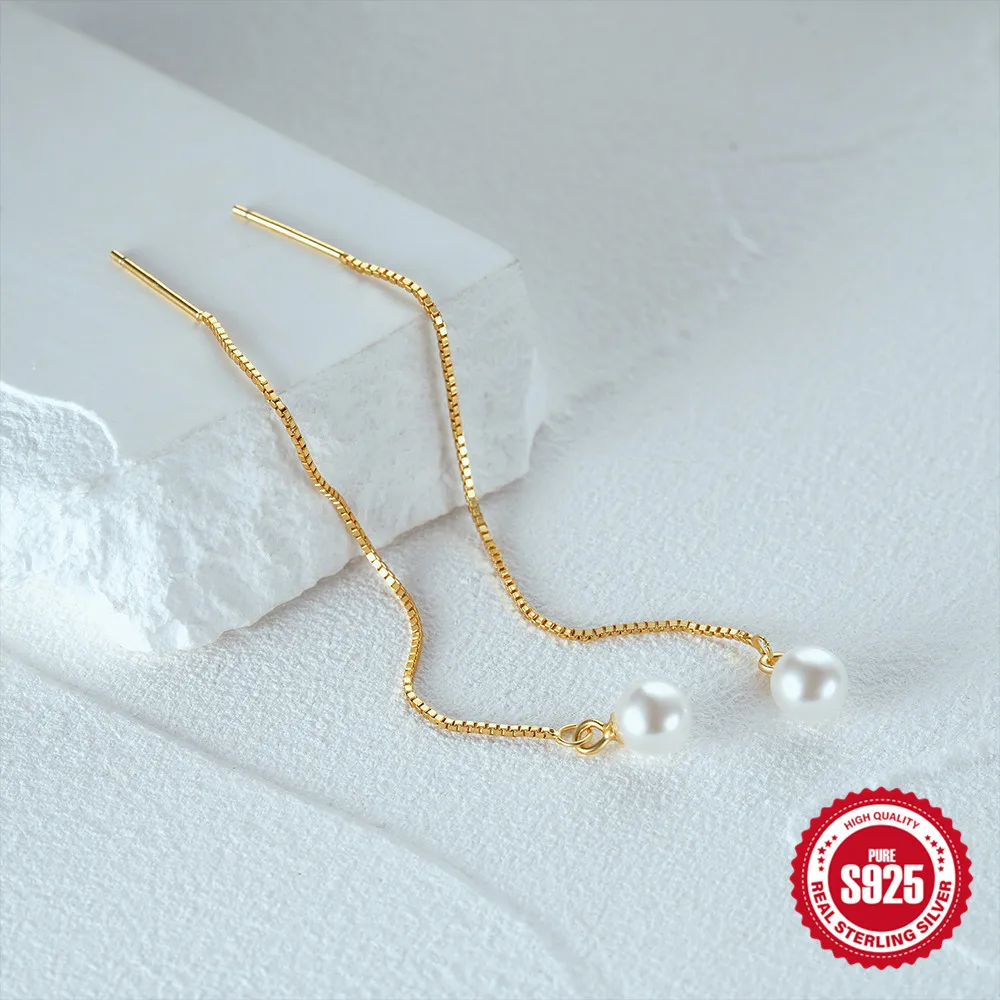 AIDE 925 Sterling Silver Elegant Drop Earrings for Women Girl Threader Earrings Pearl Dangle Ear Line Long Chain Classic Jewelry