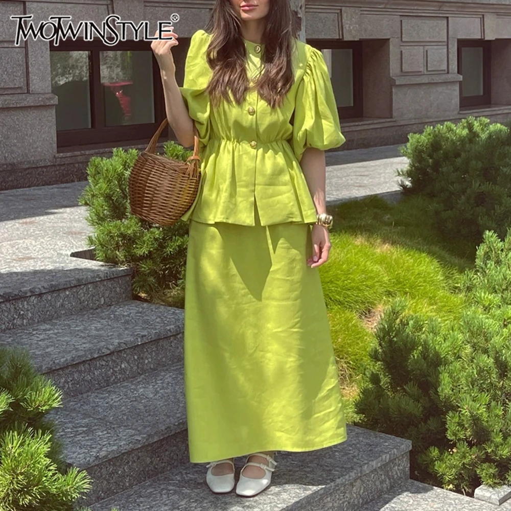 TWOTWINSTYLE French Women Two Piece Set O Neck Puff Sleeve Button Top Flowy Long Skirt Suit for Holiday Street Occasion Summer