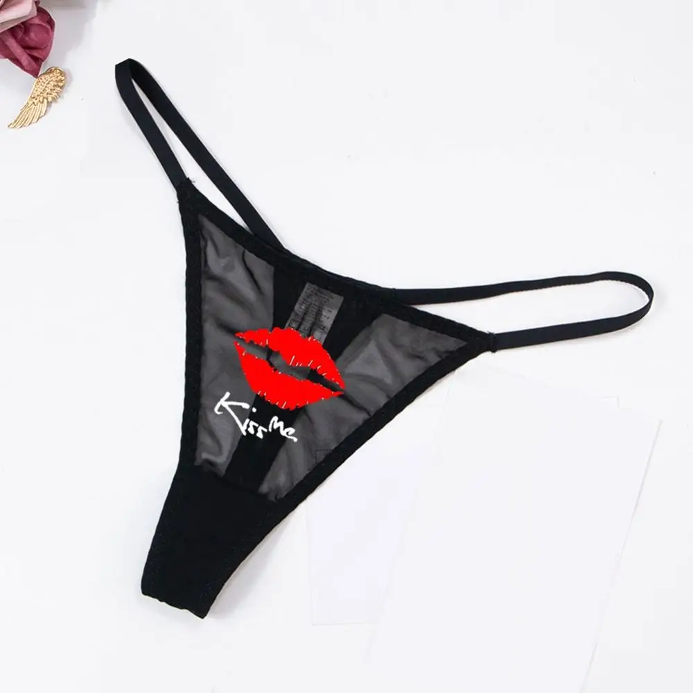 Printing Sexy Mesh Thong Lingerie Letter Mouth Sexy G Strings Solid Color Underpants Low Waist T-back Underwear