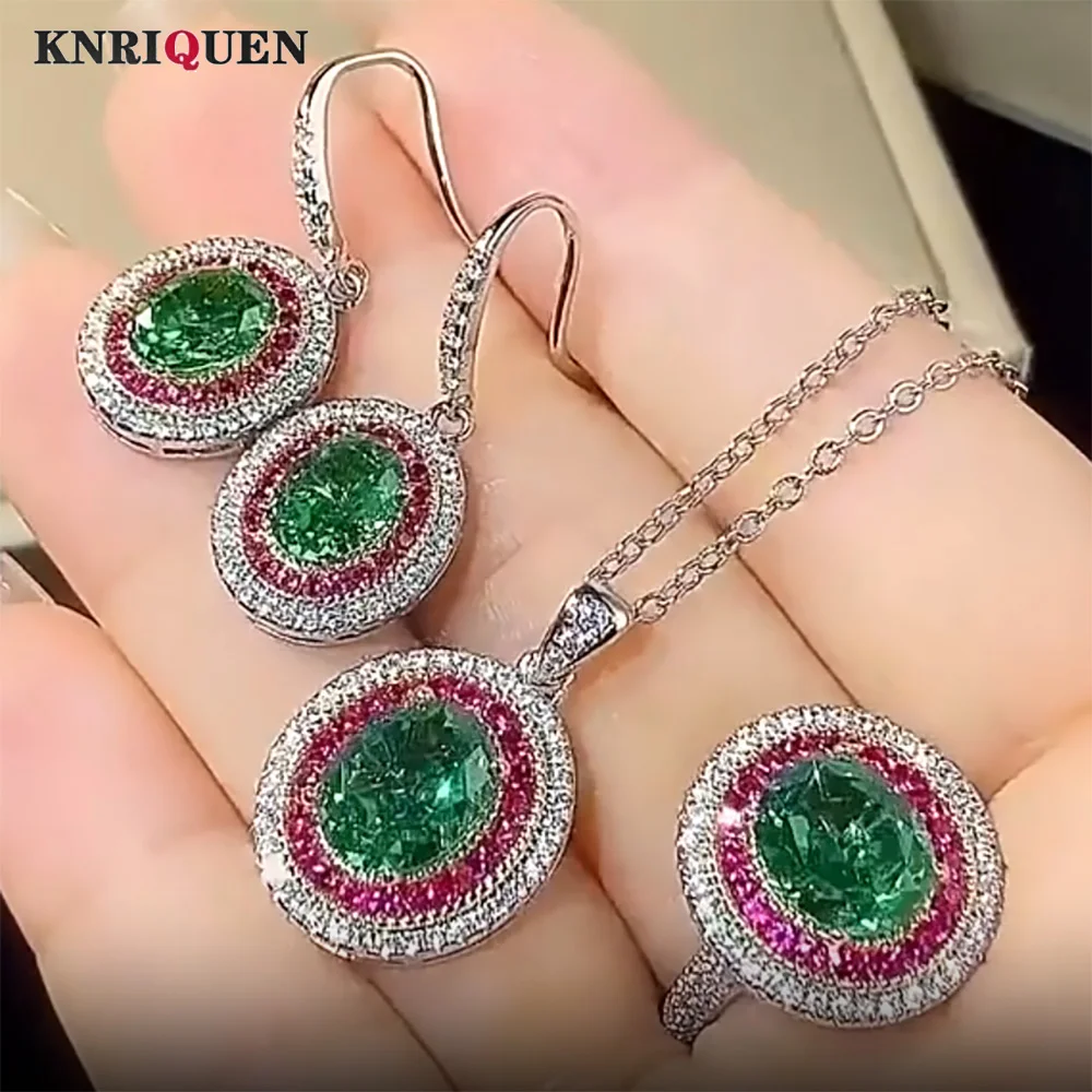 

Charms Iced Cut Lab Green Tourmaline Ruby Necklace Pendant Ring Earrings Wedding Party Fine Jewelry Sets for Women High Quality