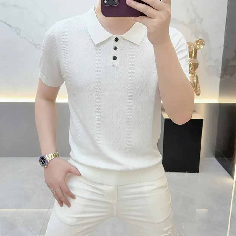 High Quality Knitted Lapel T-shirt for Men Ice Silk Breathable Casual Polo Shirt Slim Solid Color Business Office Social POLOS