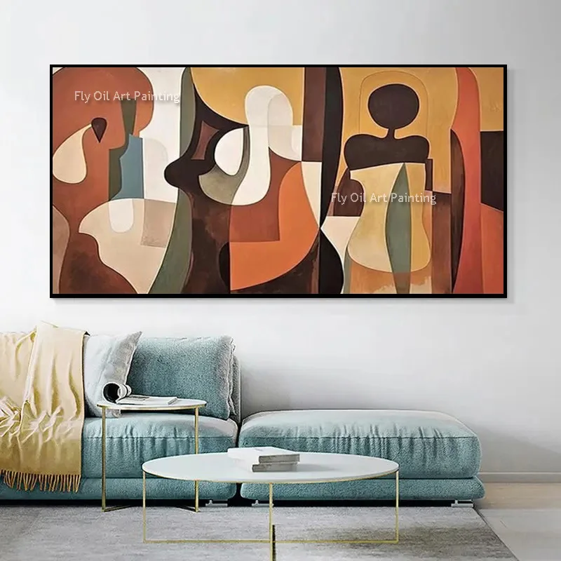 Geometric Cubist Human Figure Oil Painting Earth Tone Abstract Portrait Canvas Art Mid Century Hand Painted Wall Art For Decor