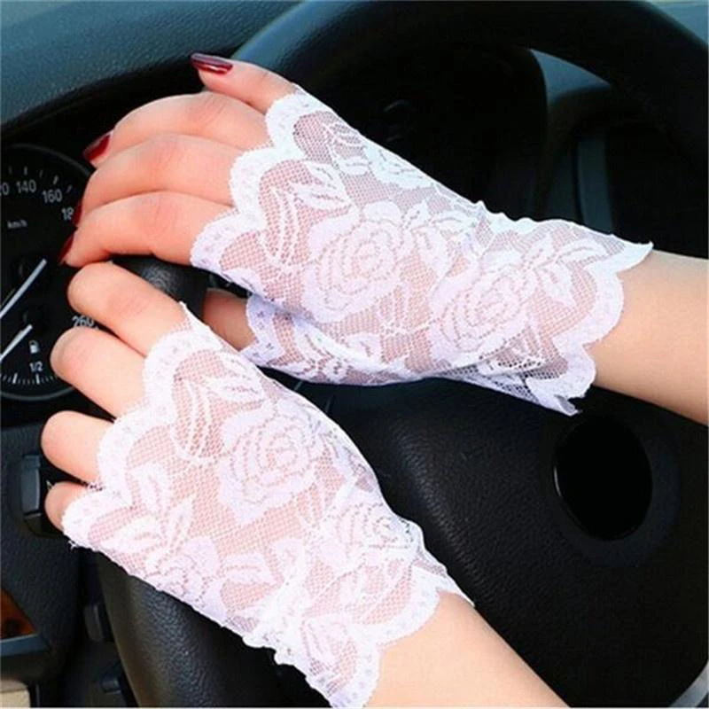 1pair Women Short Lace Half-finger Uv Protection Black Glove Bride Wedding Breathable Fingerless Outdoor Scar Cover Driving Thin