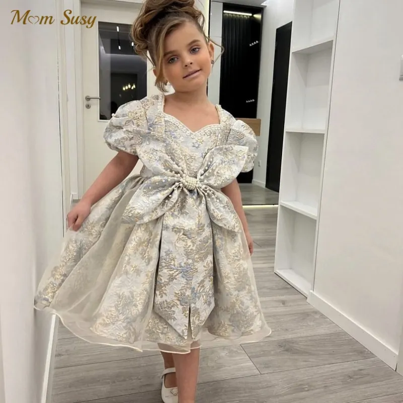 Baby Girl Princess Pearl Beading Bow Silk Dress Puff Sleeve Child Vintage Vestido Party Pageant Birthday Baby Clothes 1-14Y