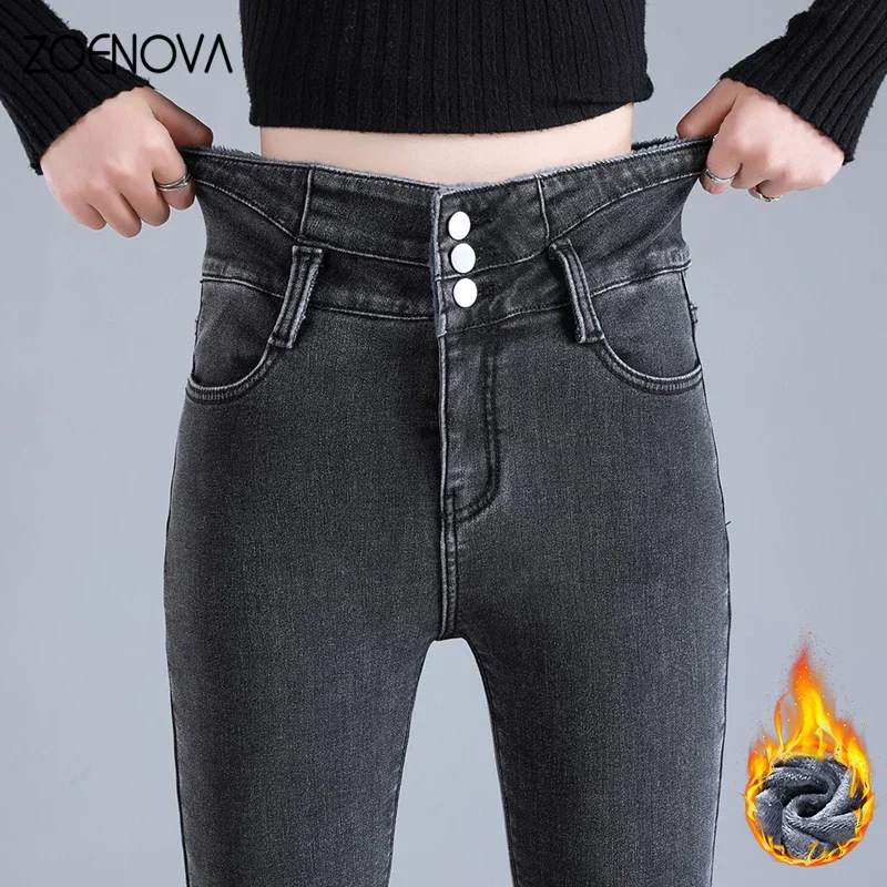 ZOENOVA Y2K Jean Warm Velvet Jeans Woman High Elastic Mom Casual Ladies Trousers Denim Fleece Pants Korea Fashion Soft Leggings