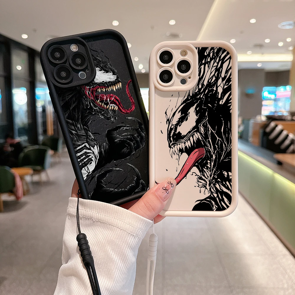 Marvel Superhero Venom Phone Case for IPhone 15 14 13 12 11 Pro Max Mini XR XS X 7 8 Plus Soft TPU Back Cover With Hand Strap