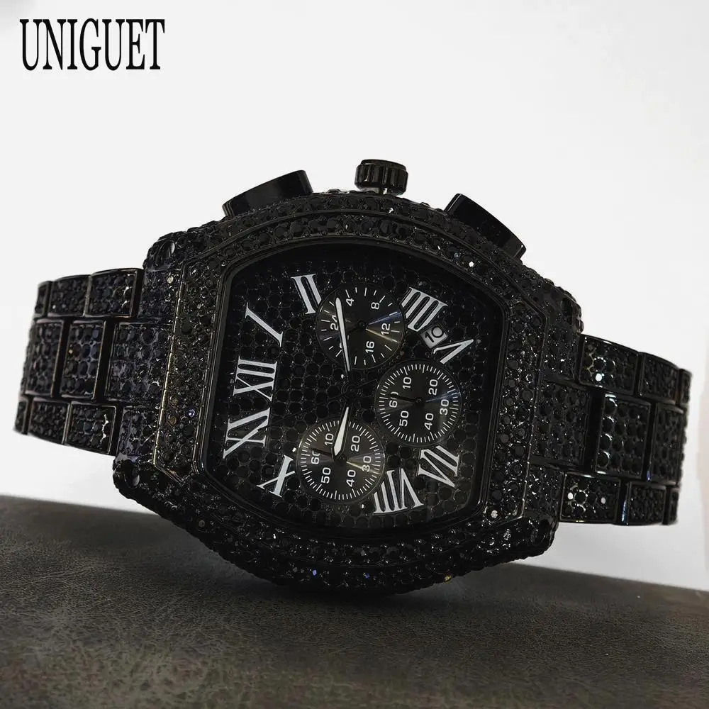 2025 Top Luxury Watches Men Fashion Brand UNIGUET Hip Hop Diamond Bling Tonneau Quartz Wristwatches Business Iced Out Men Clocks