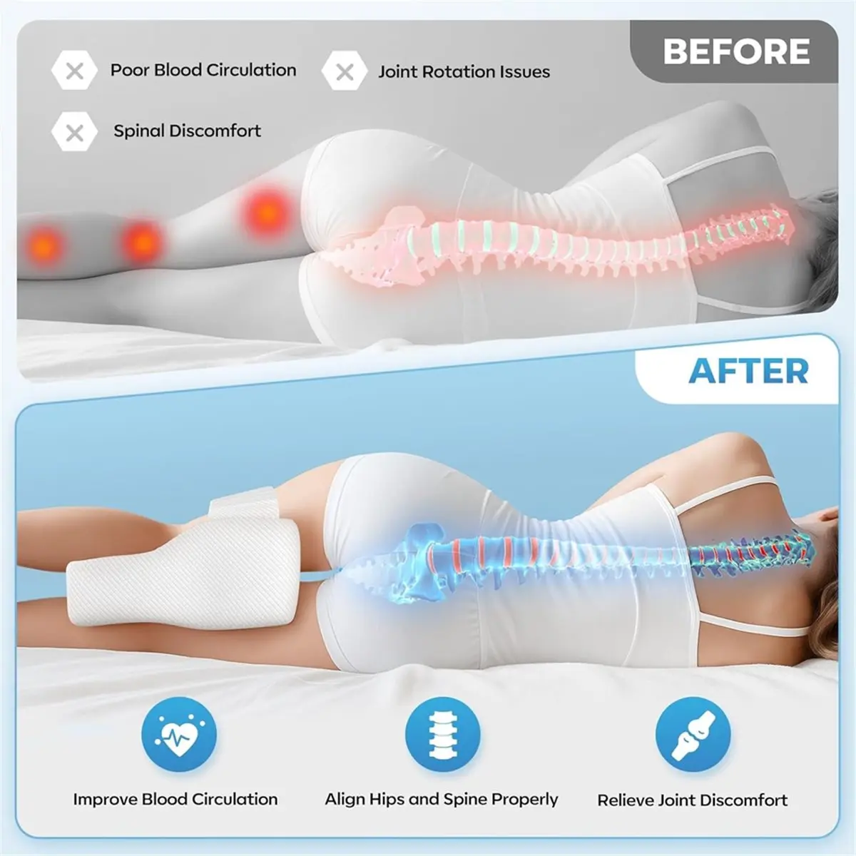 Memory Foam Knee Pillow for Side Sleepers - Enhanced Comfort for Back, Hip, and Joint Pain Relief, Adjustable Strap