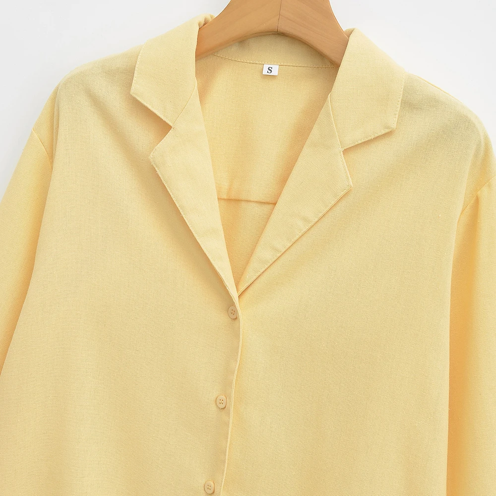 여성 유럽 및 미국 스타일 린넨 셔츠 반바지 세트 캐주얼 통기성 여름 패션 독점