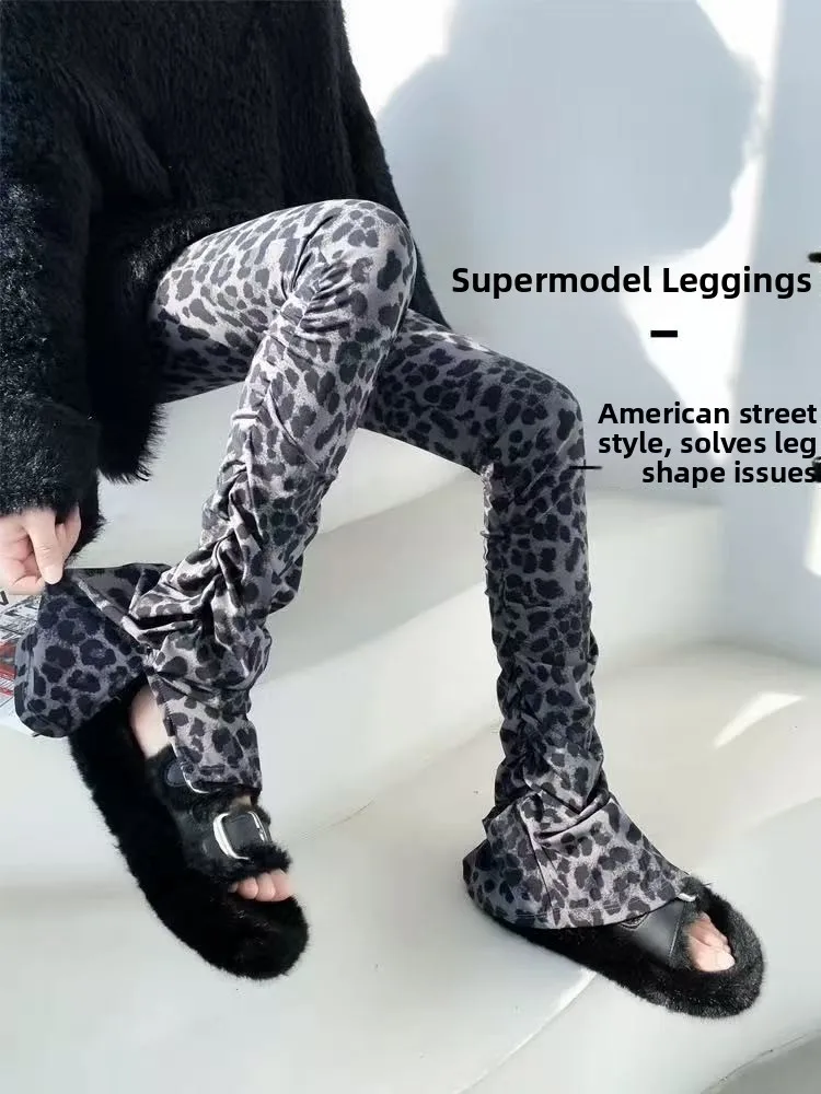 High Waist Fce Lined Yoga Pants Women's Fitn Slimming Pleated Flared Pants Autumn Winter Leopard Print Boting Trousers
