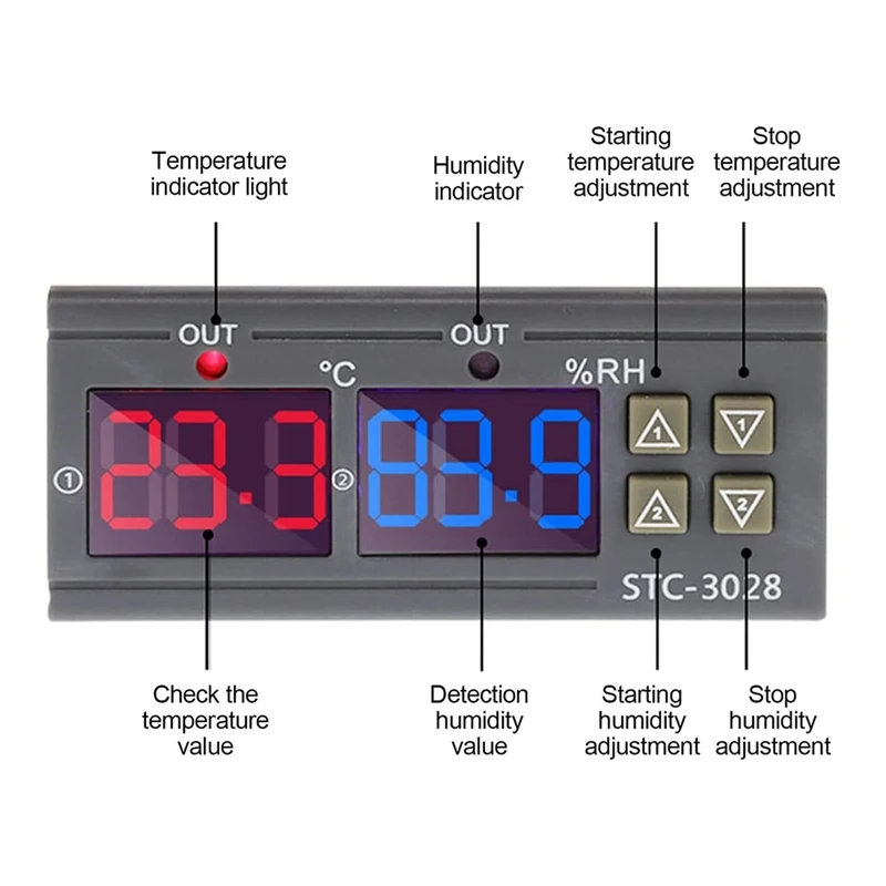 Dual Display Temperature And Humidity Controller STC-3028 10A AC110-220V, Intelligent Digital Thermostat For Incubators