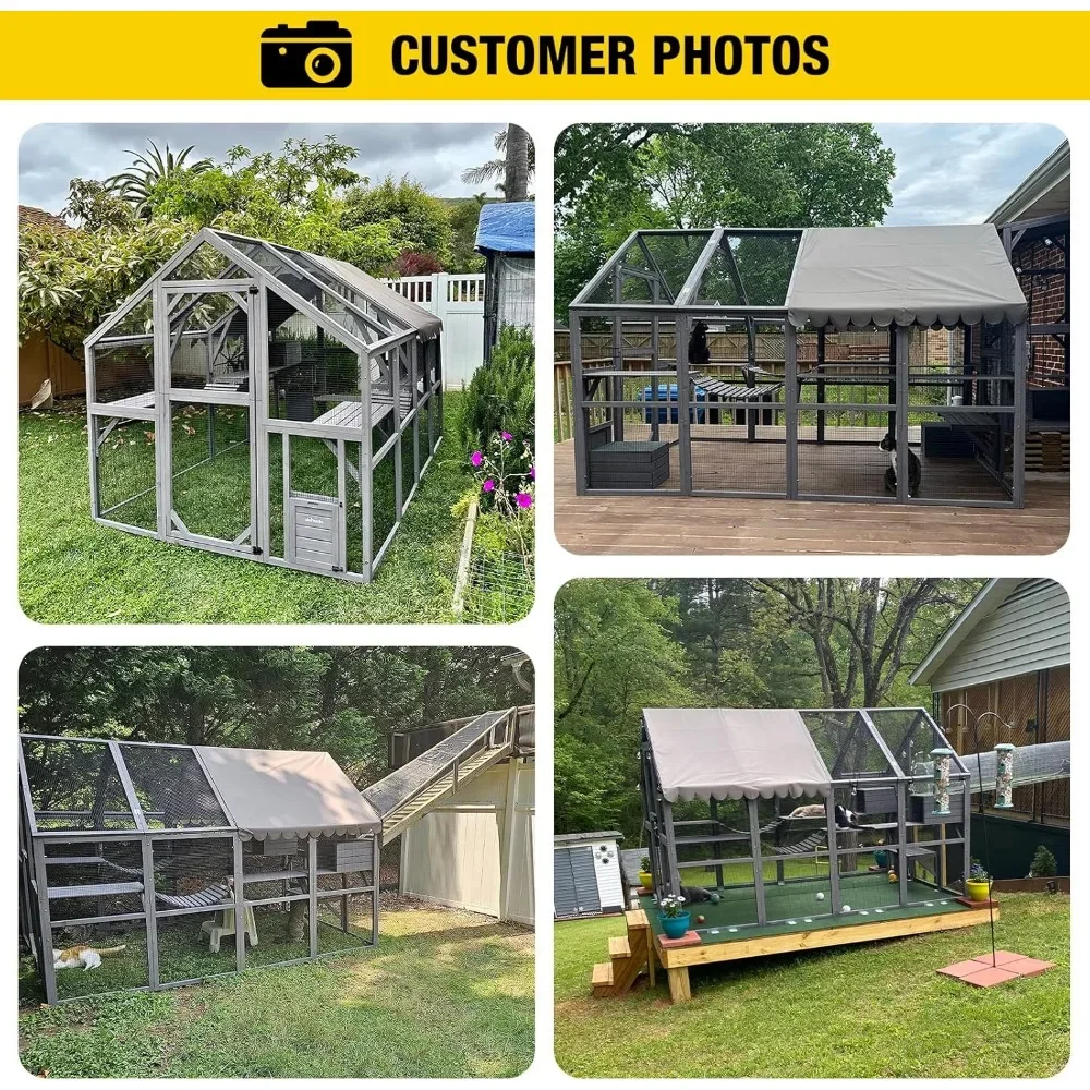 Cat Run Large Cat Enclosure Wooden Cat Catio Outdoor Kitty House with Bridges, Walks, Small Houses, Roof Cover 110 Inch