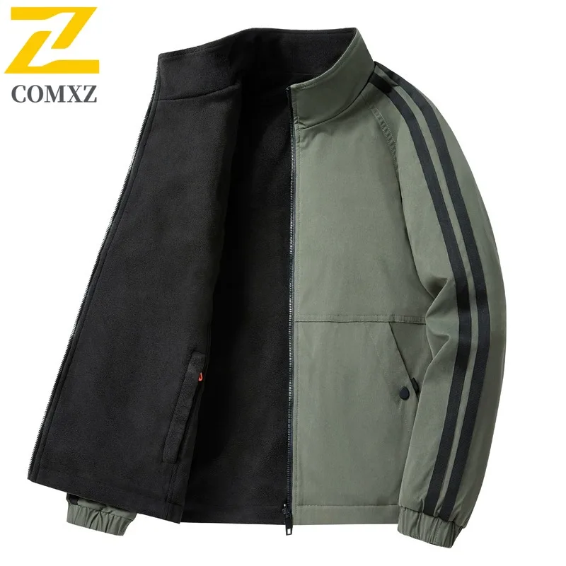 

COMXZ 2025 Men Spring Autumn Jacket Two Sides Wear Fleece Lined Classic Stand Collar Coat outdoor sports lightweight windbreaker
