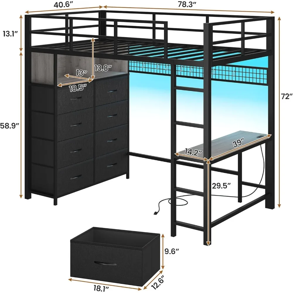 Twin Loft Bed with Desk & 8 Storage Drawers Tall Dresser, Black Metal Loft Bed with LED Lights & Charging Station, 2-Tier