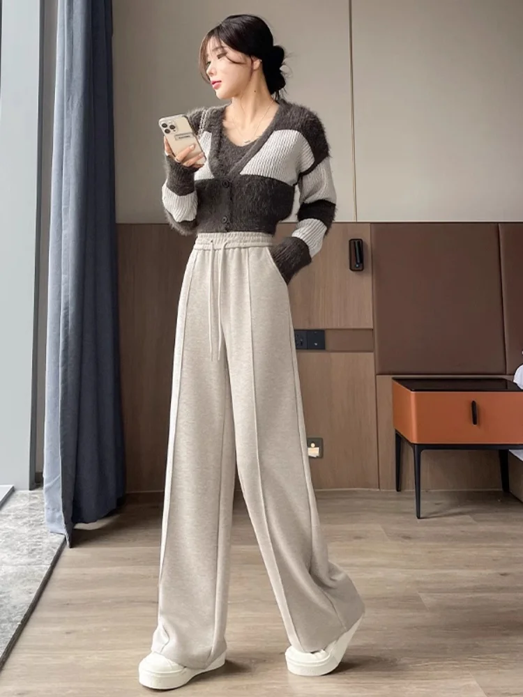 

Широкие брюки с высокой талией, женские большие размеры, маленькие более высокие шерстяные брюки на подкладке в клетку с узором, тонкие прямые повседневные брюки