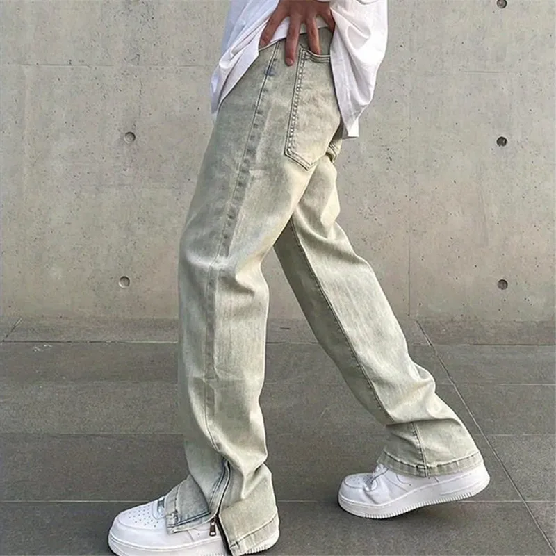 Jeans Men's Y2K Vintage Straight Leg Pants Solid Color Button Pocket Split Zipper Loose Trousers Spring Summer Male Clothing 035