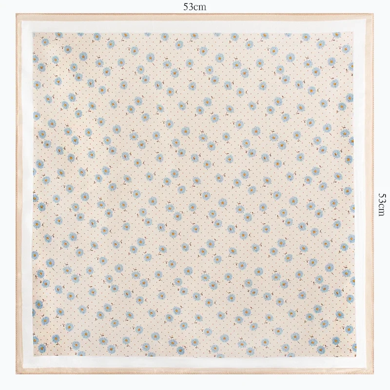 

100% Mulberry Silk Scarf 53x53cm Cream Blue Daisy Polka Dot Print Square Neck Bandana Versatile Women's Fashion Accessory