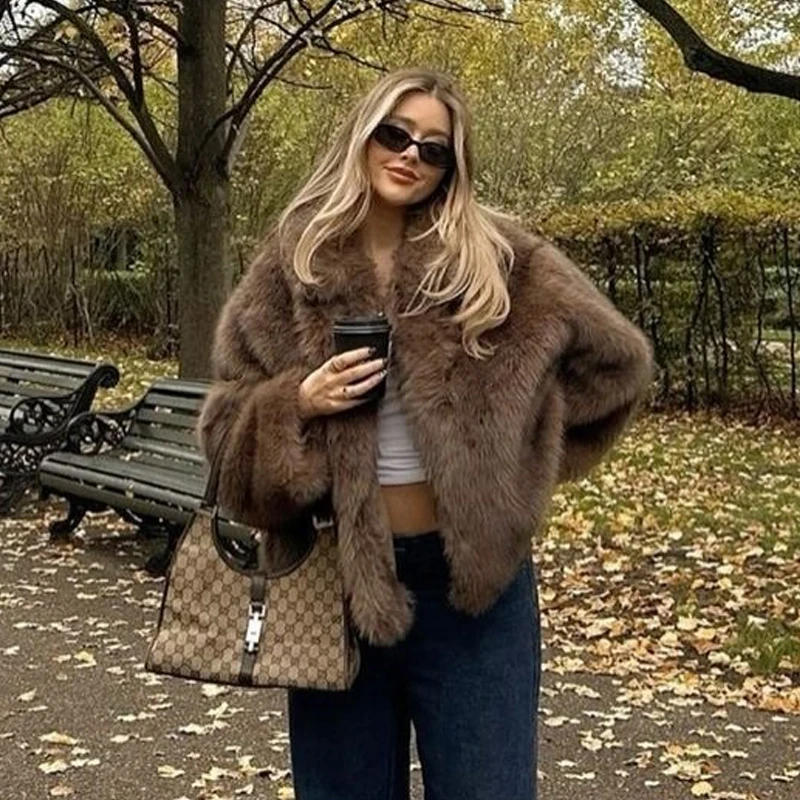 معطف فرو صناعي سترات نسائية شتوية بأكمام طويلة وأزرار سفلية ملابس خارجية معاطف نسائية أنيقة من الصوف معطف منفوش #2