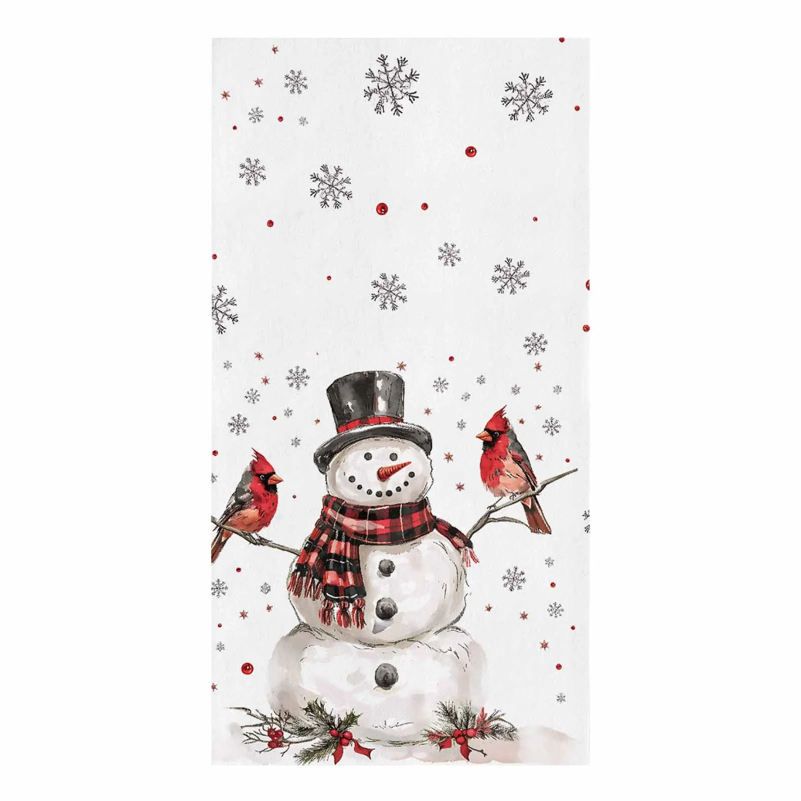 Christmas Snowman Checkered Scarf Cardinals Printed Tea Hand Towel Kitchen Dishcloth Water Absorption Household Cleaning Cloth