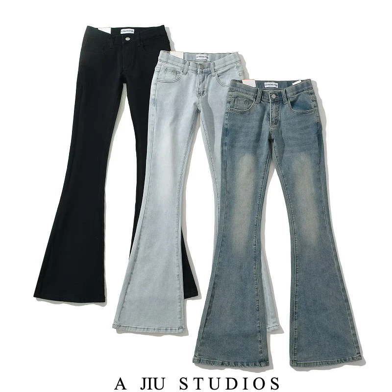 

Американские ретро джинсы-колокольчики с низкой талией, женские весенне-осенние широкие прямые повседневные брюки длиной до пола с накладкой на бедрах