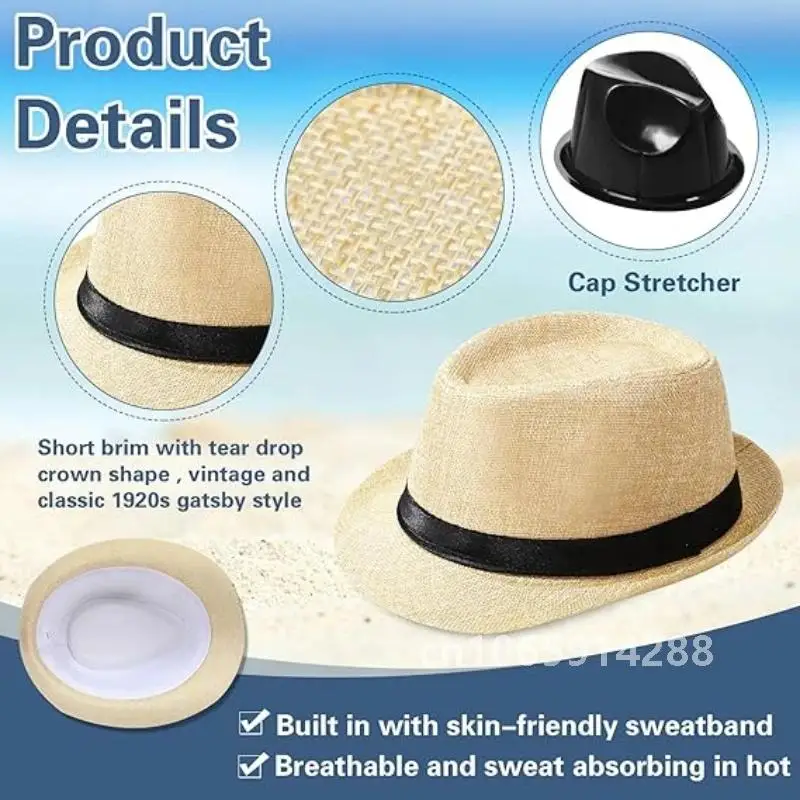 10-24 Pack 1920s Straw Hats Bulk for Men Short Brim Sun Panama Hats for Women Party Costume Wedding Favors, Circumference 60 cm