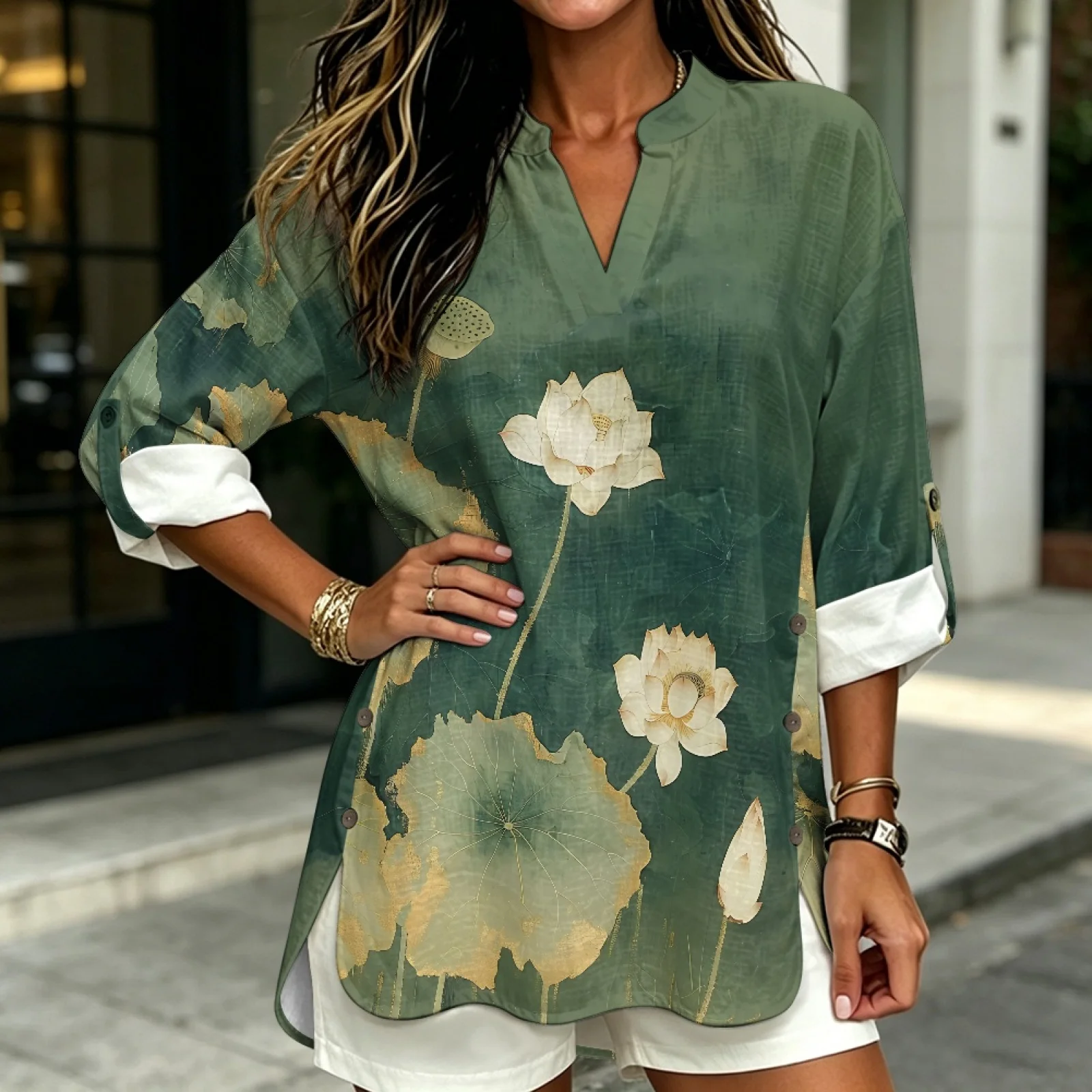 PENSTROLL Green Lotus Print Linen Like Notch V Neck Blouses Lightweight Long Sleeve Blouse for Women Sizes S-5XL