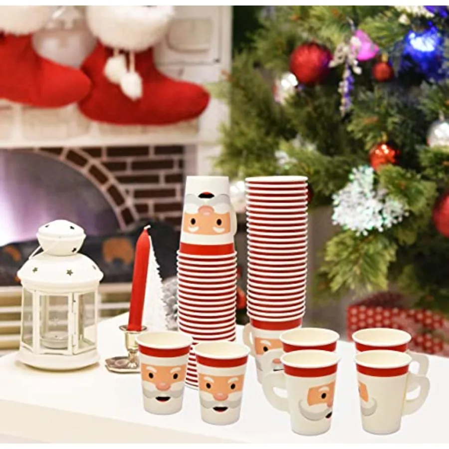 50 Pc Christmas Disposable Paper Cups with Handles 9oz Santa Face Beverage Drinking Cup for Winter Xmas Festive Holiday Table P