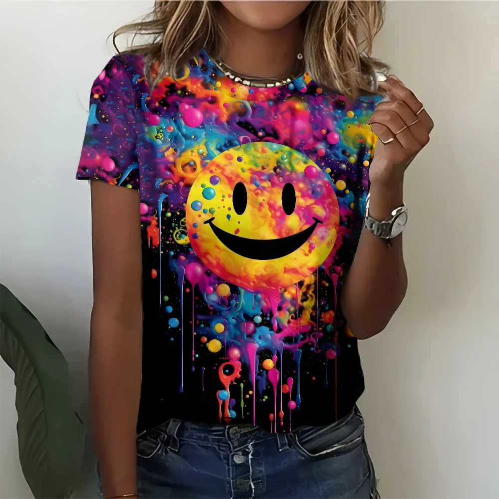 

Rainbow Women's Smiling Face T-shirt With Splashing Ink Effect - Street Style Casual Fashion Comfortable Summer Short Sleeve