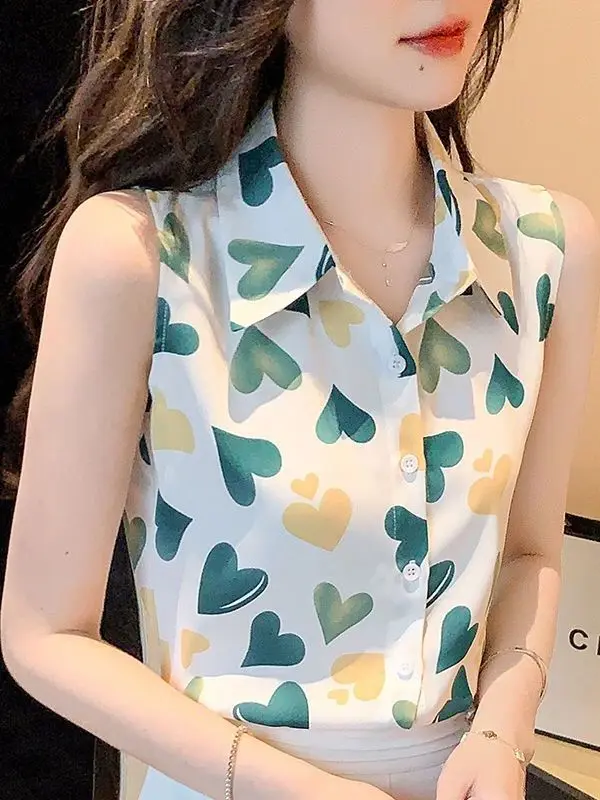 

Slimming Effect Loose Fit Svel Collar Printed Chiffon Tank Top Women's Faion Sweet Sle Casual Summer irt