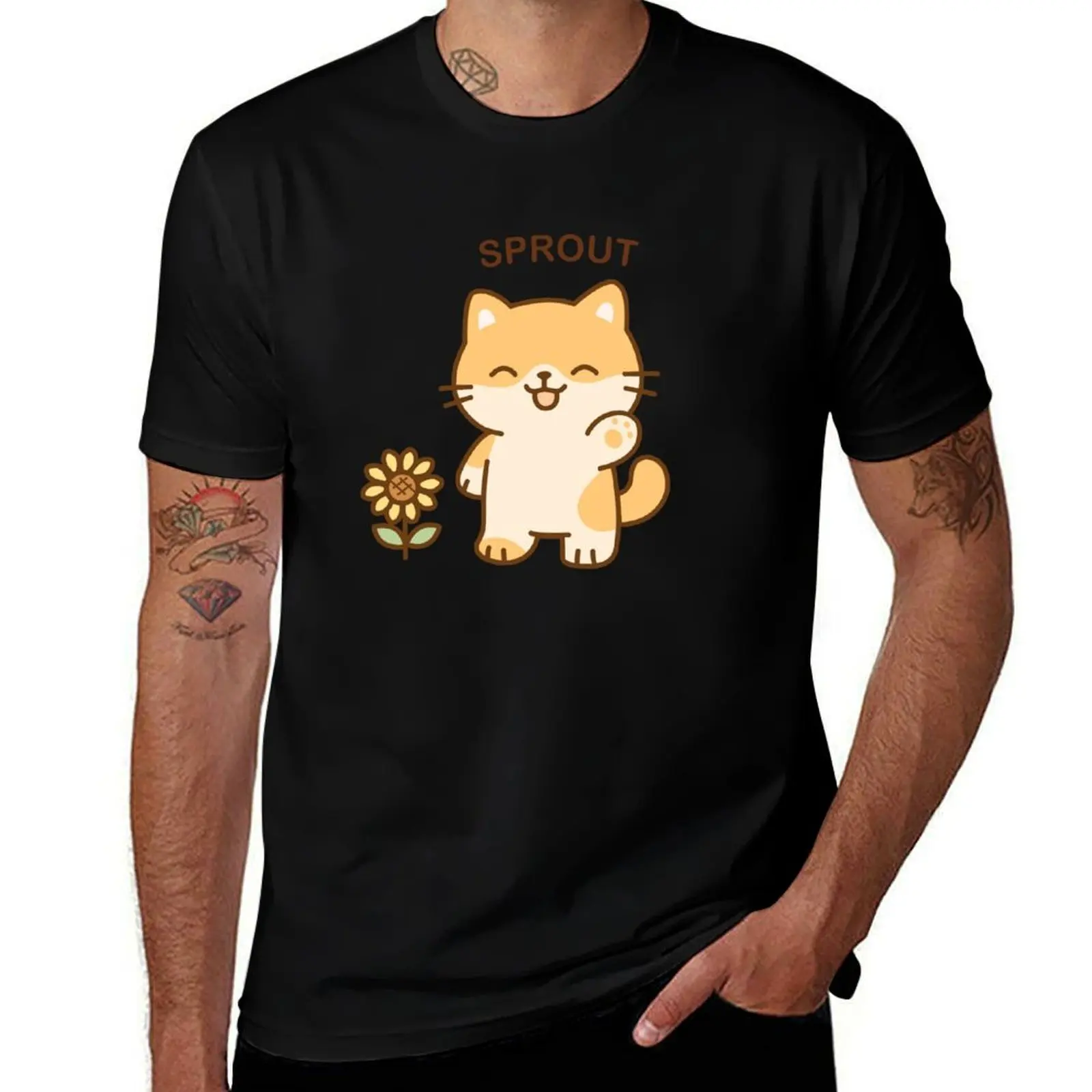 

Waving Cat with Sunflower T-Shirt cute tops funny meme t-shirts clothes customs black t-shirts for men