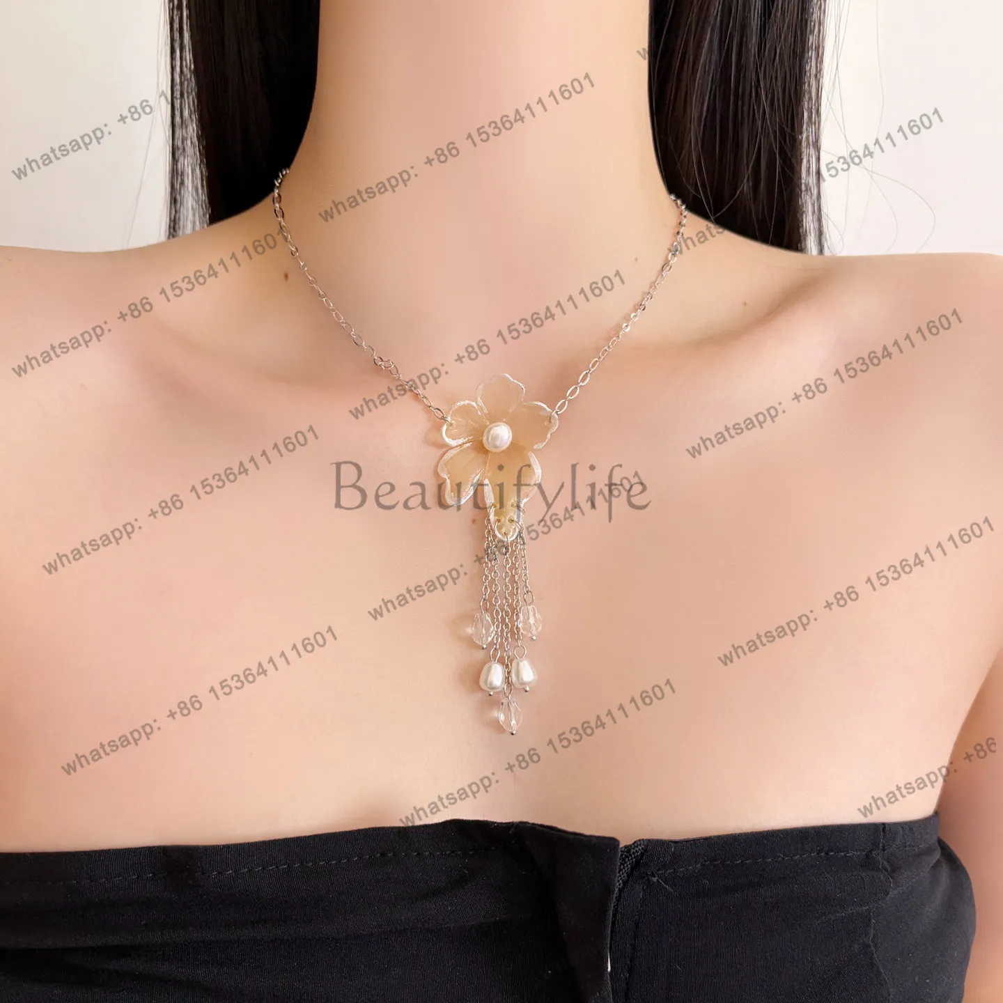Hand painted flower pearl women's light luxury high-end tassel pendant collarbone chain