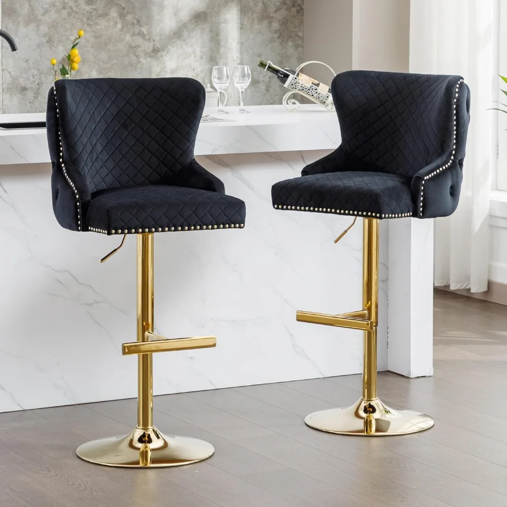 Bar Stool, 3 Pcs, Velvet Upholstery, Height Adjustable Swivel Chair, Padded Upholstery Tufted Back, Counter Stools