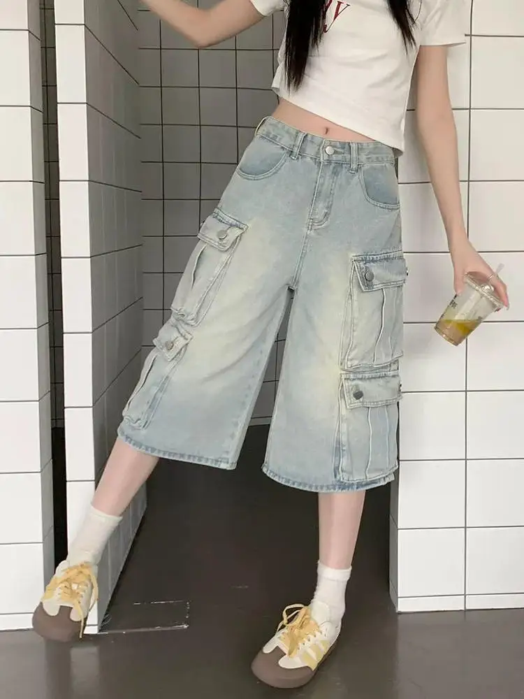 

Loose Fit Distred Denim Work Pants for Women High Waist Wide Leg Casual Pants American Street Sle Multi-ket Jeans