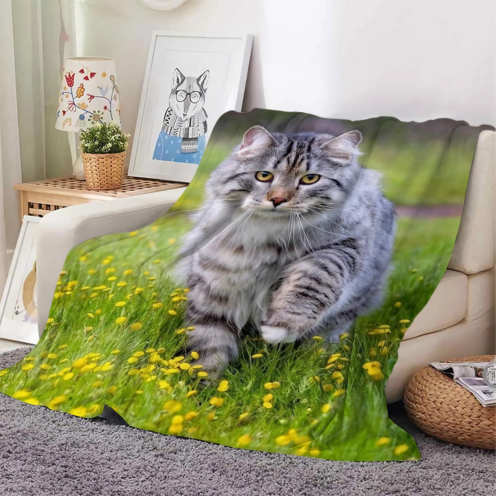 Animal Cat Flannel Blankets Cute Tabby Cats Little Floral 3D Printed Throw Blanket Office Nap Baby Comfort Quilts Dropshipping