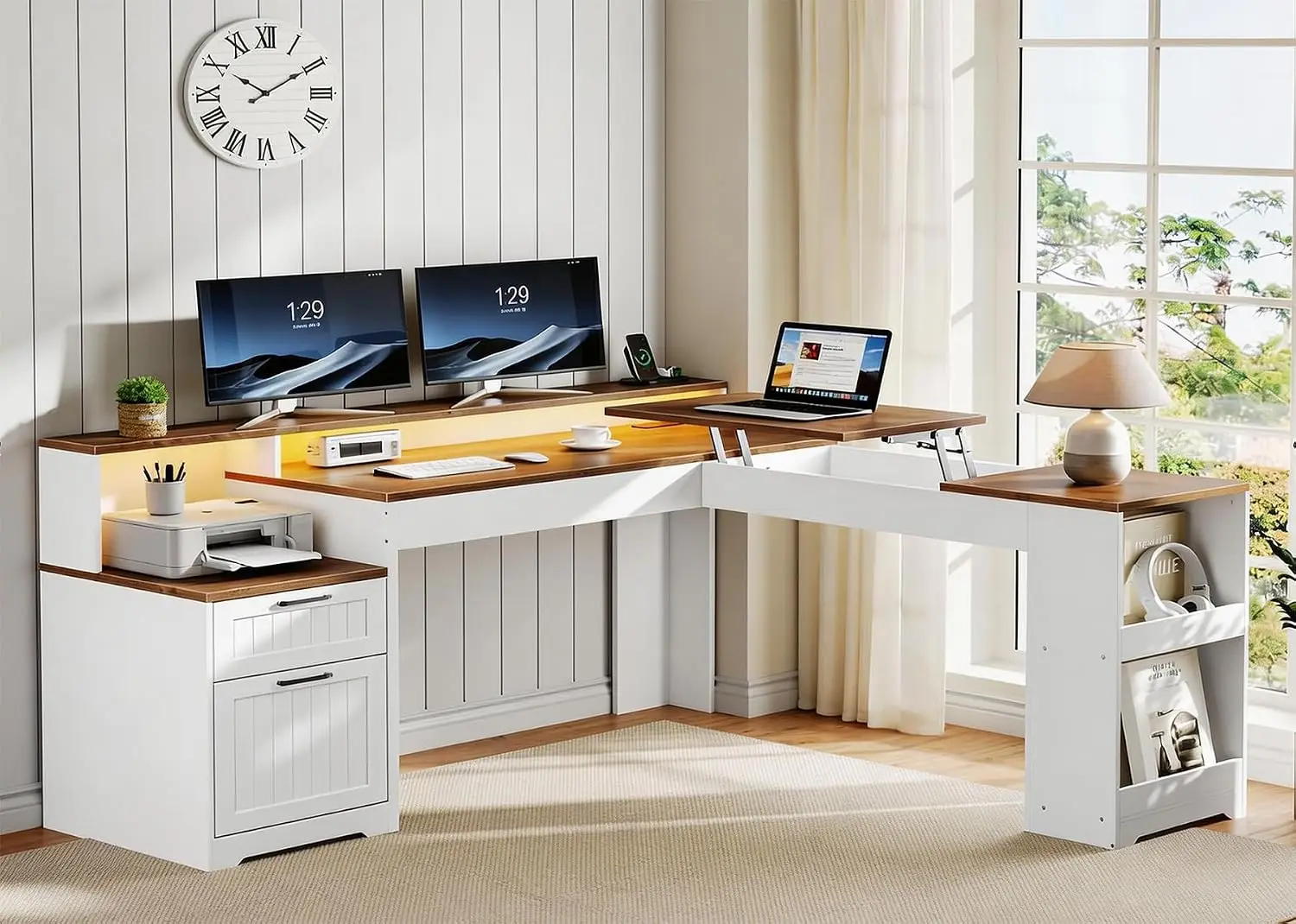 L Shaped Standing Desk With Drawers, RGB Light, Charging Station, Monitor Stand, Shelves, 63